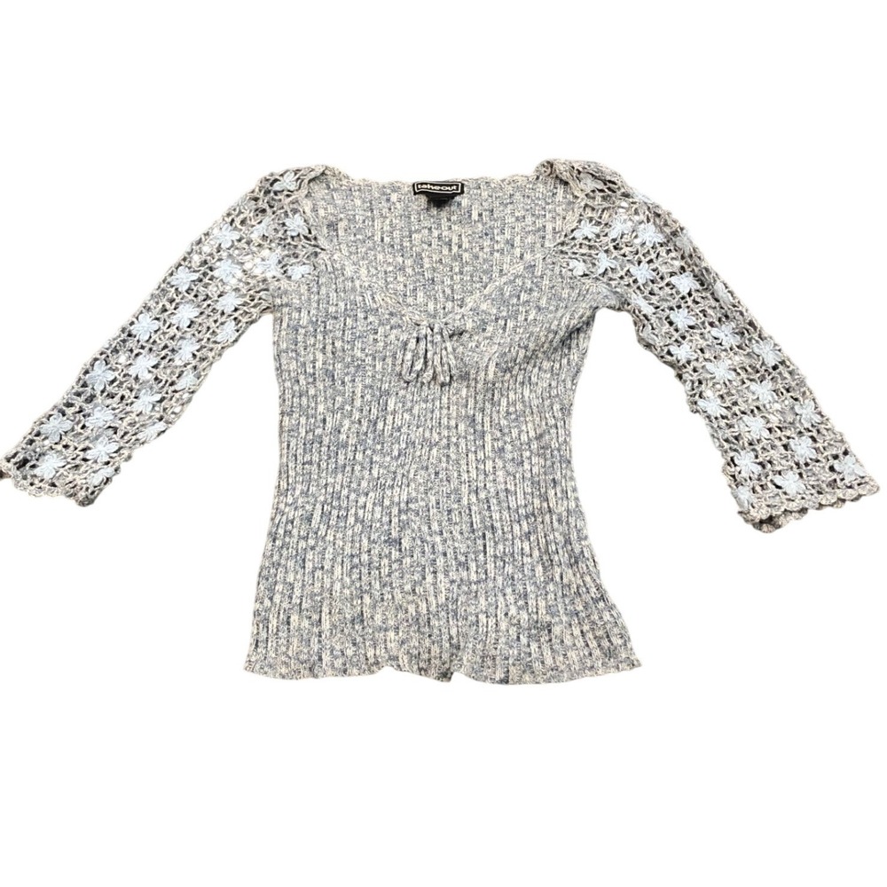 y2k Takeout Crochet Sleeve Sweater Womens Small Marled Ribbed Knit V-Neck Top‎